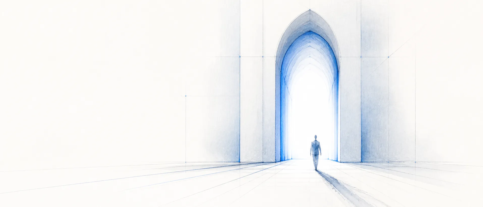 Dessin d'architecte : silhouette marchant vers le seuil de lumière sous une grande arche